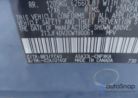 2012 Toyota Rav4 z USA, uszkodzony, nr VIN 2T3JF4DV2CW190061